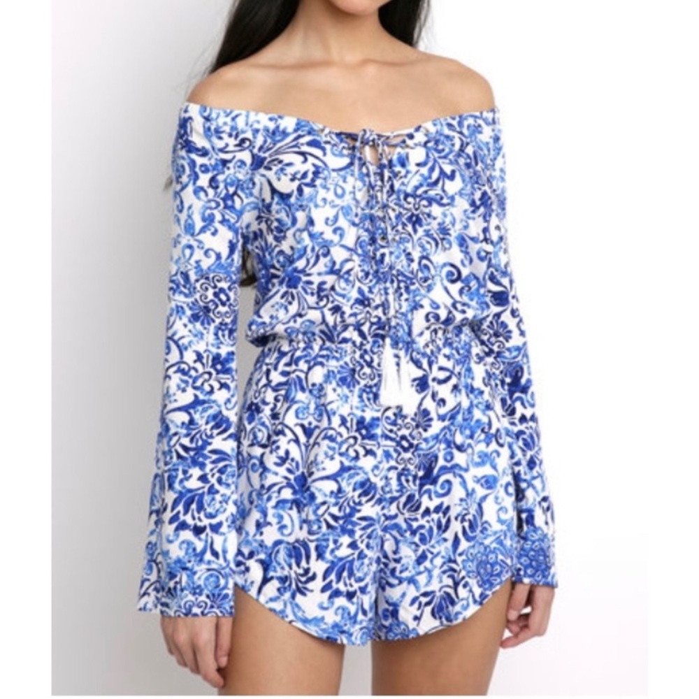 OLIVACEOUS Blue and White Romper